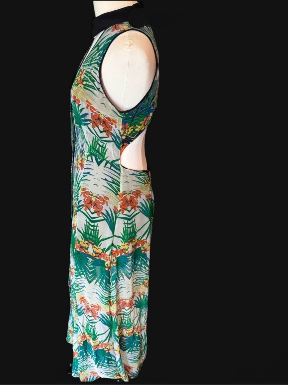 Line & Dot Tropical Green Floral Maxi Dress silk mother of pearl buttons open bk - Picture 4 of 11